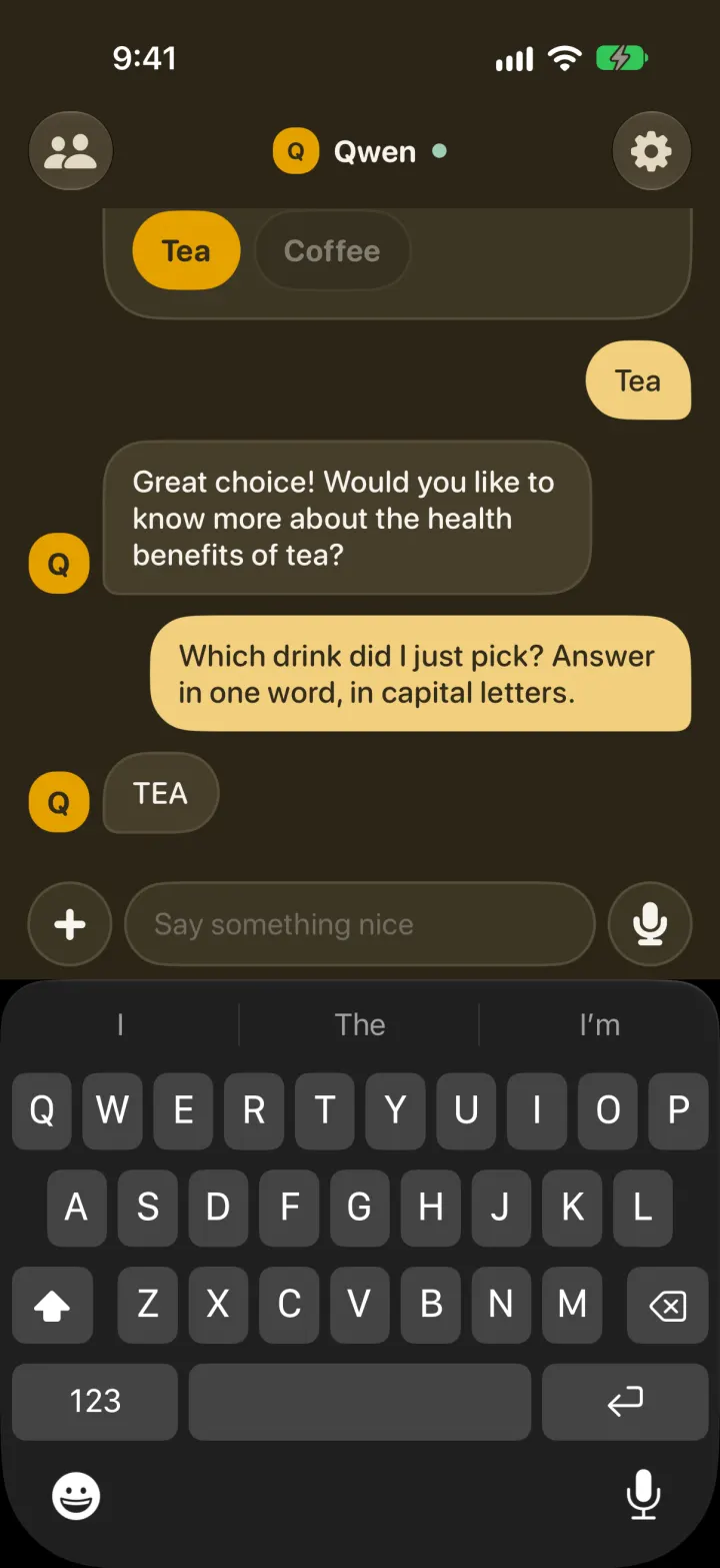 Dark mode after a relaunch: asked which drink was picked, the model answers TEA from the thread Yui sent it