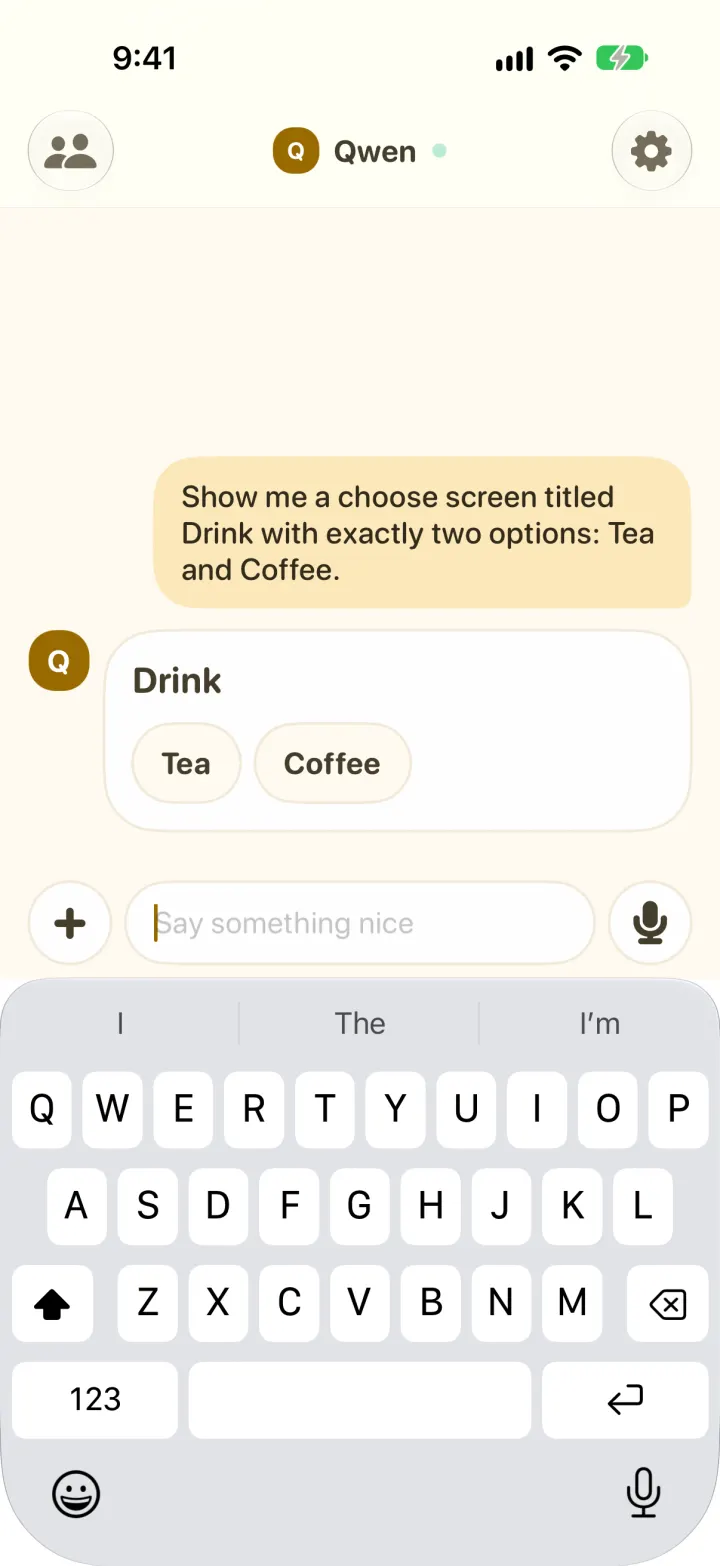 Yui chat with Qwen, a local model: asked for a choose screen, it drew a Drink card with Tea and Coffee buttons