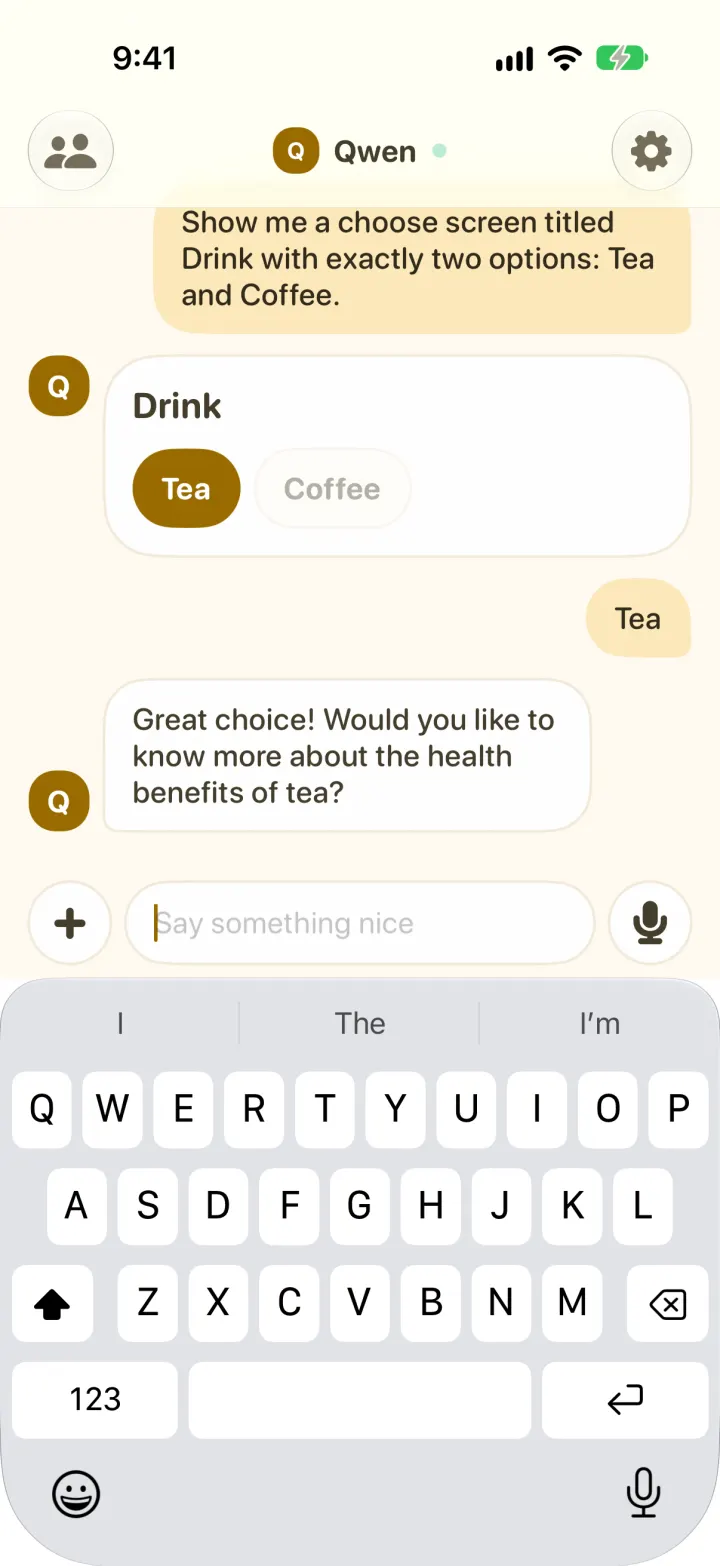 Tea tapped: the choice goes back to the model as the next turn and it answers, asking if you want to know about tea's health benefits