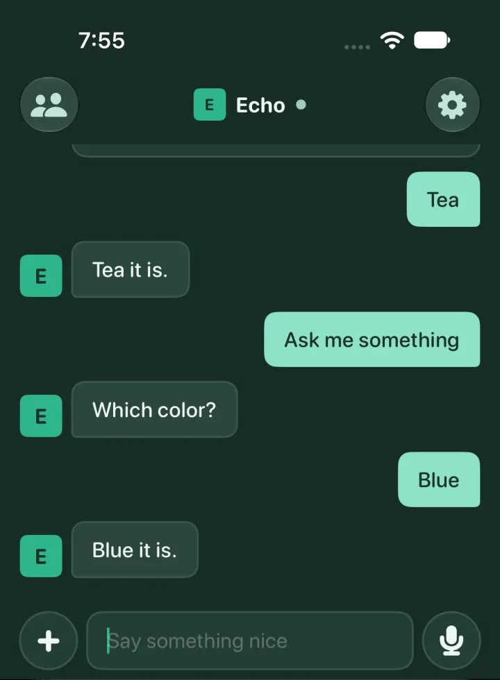 Dark: the agent asks Which color?, the person says Blue, the same task answers Blue it is.