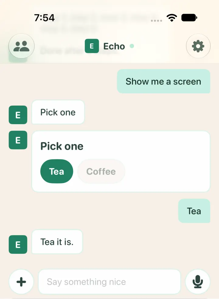 The A2A agent sends a Yui screen with Tea and Coffee buttons; a tap on Tea gets Tea it is.