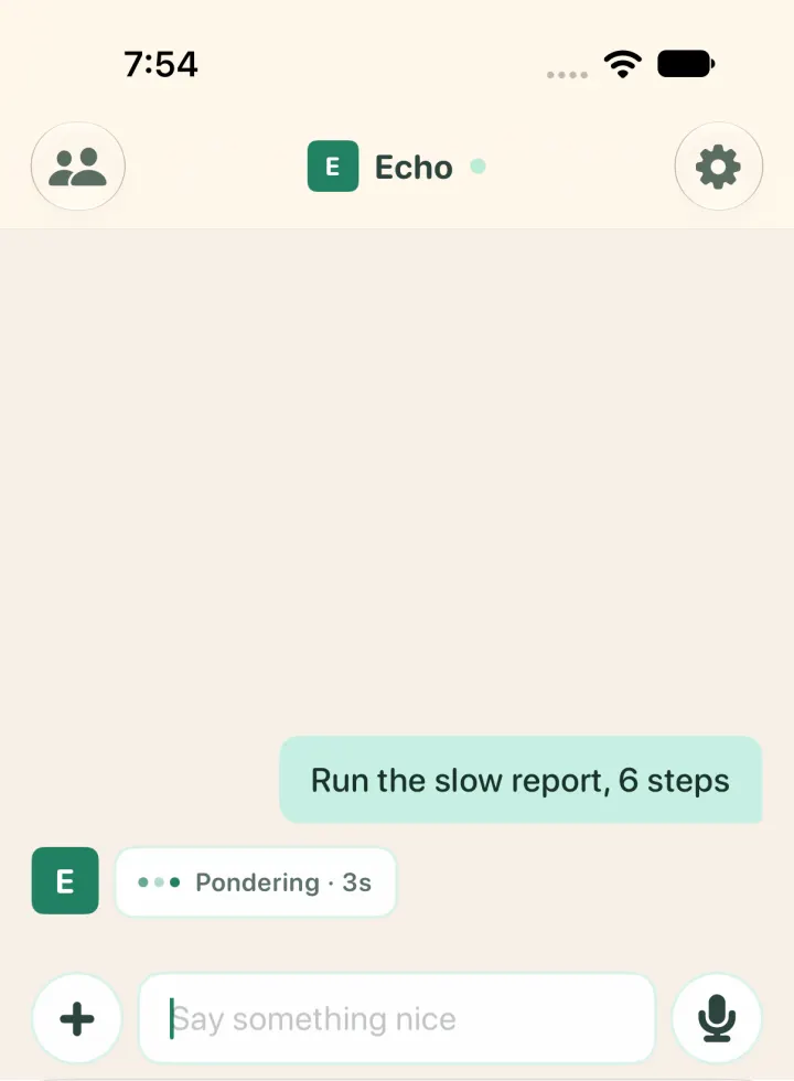 A message to Echo, an A2A agent, with the working row: Pondering, 3 seconds