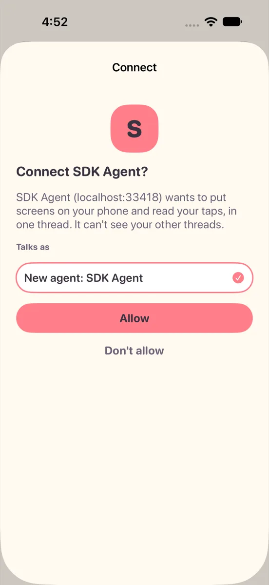 The Yui app, light: a Connect sheet asking Connect SDK Agent?, Talks as New agent: SDK Agent with a check, a coral Allow button and Don't allow.