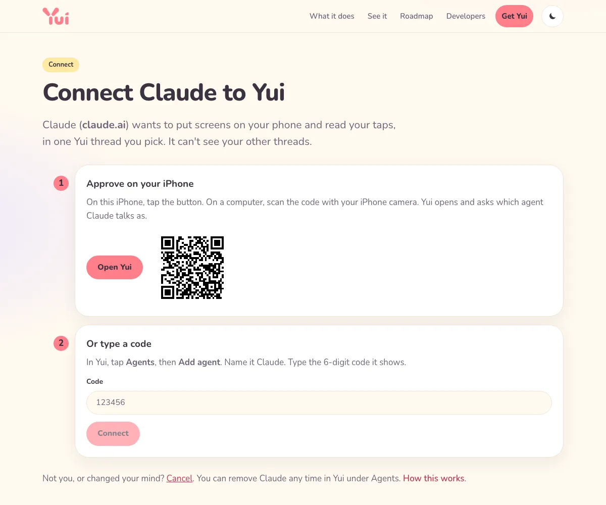 yuigui.com/connect in a desktop browser: Connect Claude to Yui, claude.ai wants to put screens on your phone, an Open Yui button next to a QR code, and a box for a 6-digit code.