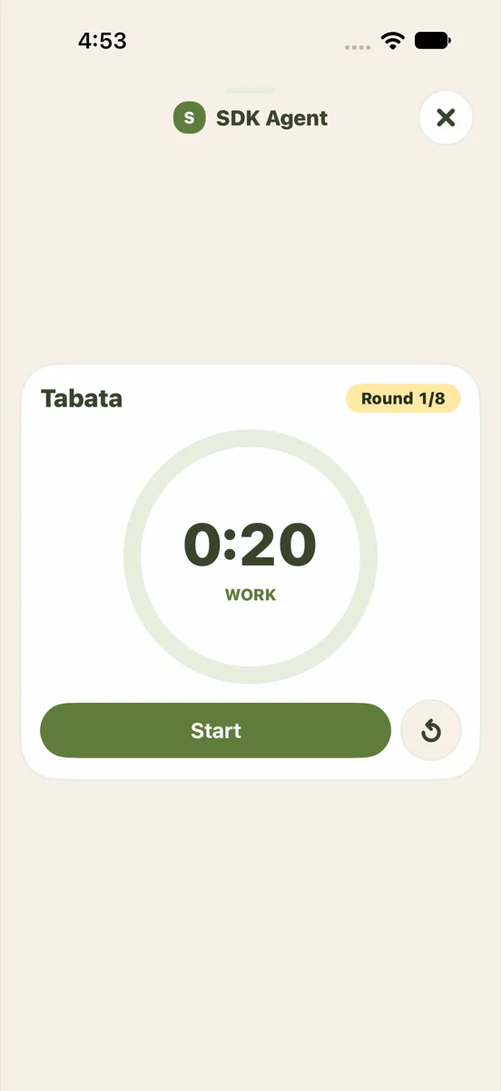 The new SDK Agent thread in Yui showing a Tabata timer at 0:20, round 1 of 8, sent by the OAuth client after the person tapped Yes.