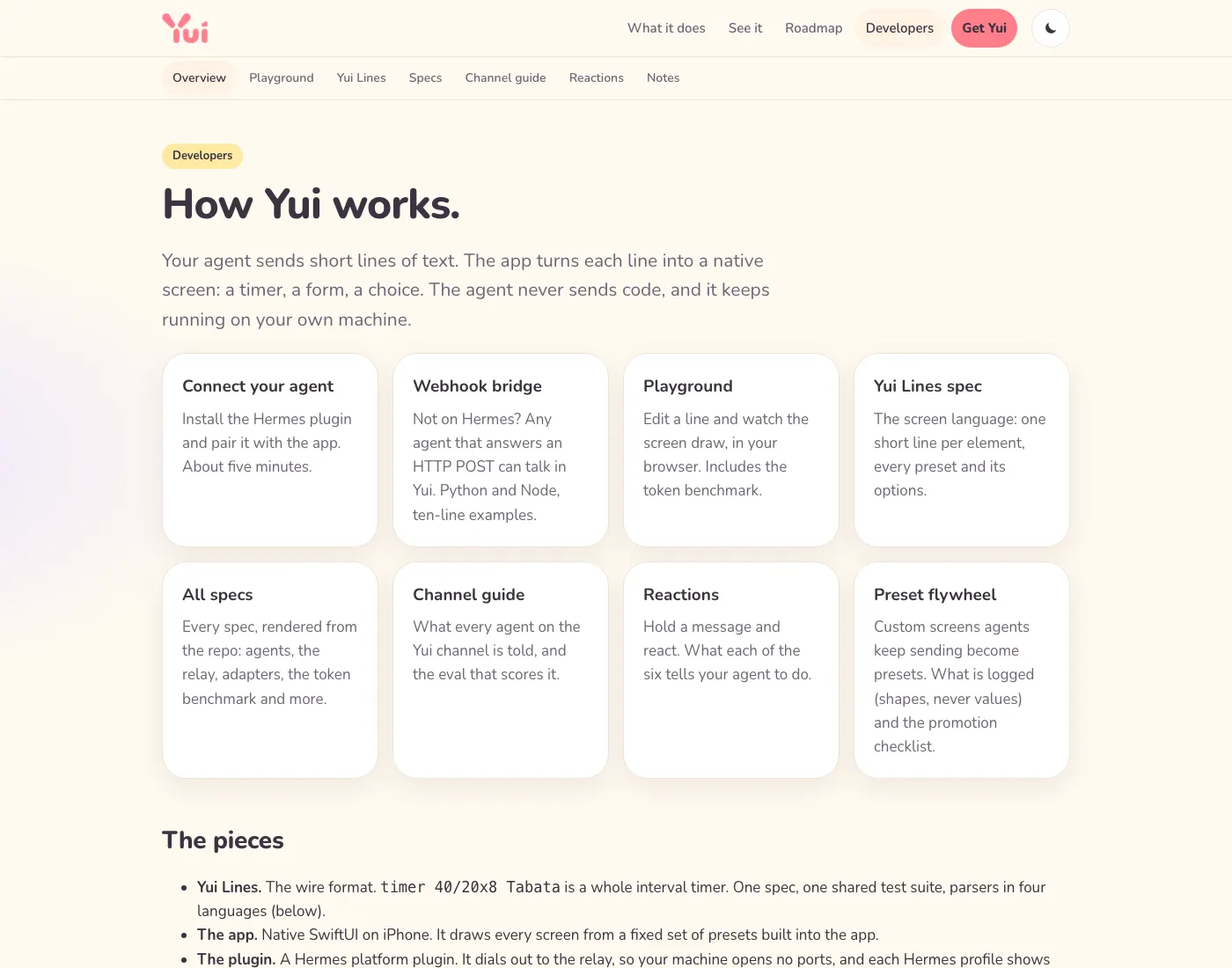 The Developers page on yuigui.com with a new Webhook bridge card: not on Hermes, any agent that answers an HTTP POST can talk in Yui.