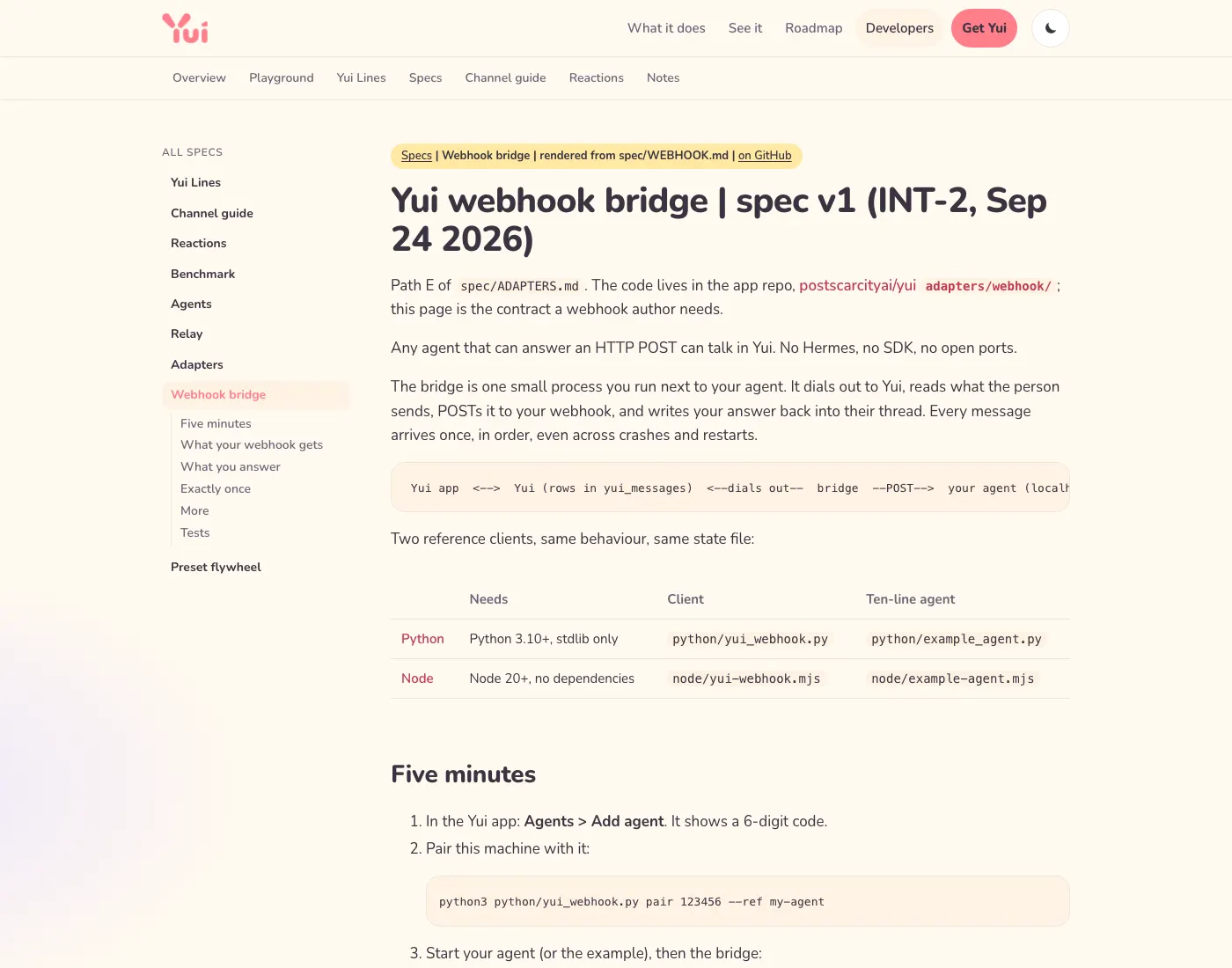 The Webhook bridge page on yuigui.com: what the bridge does, the Python and Node clients with their ten-line example agents, and the five-minute setup.