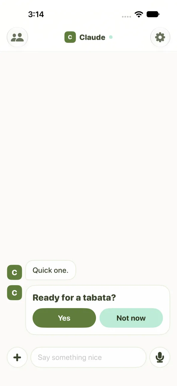 Yui on an iPhone simulator: an agent named Claude, connected from Claude Code through MCP, asks "Ready for a tabata?" with Yes and Not now buttons.