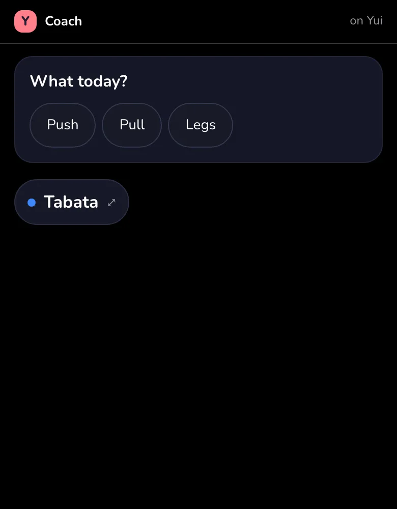 Opened from a Telegram Open in Yui button in the dark theme: Coach's What today? with Push, Pull and Legs, and the Tabata timer waiting as a pill