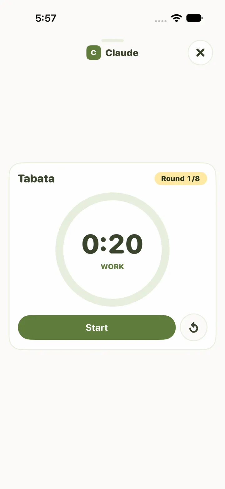 After Yes was tapped, Claude Code answered with a tabata timer on the phone