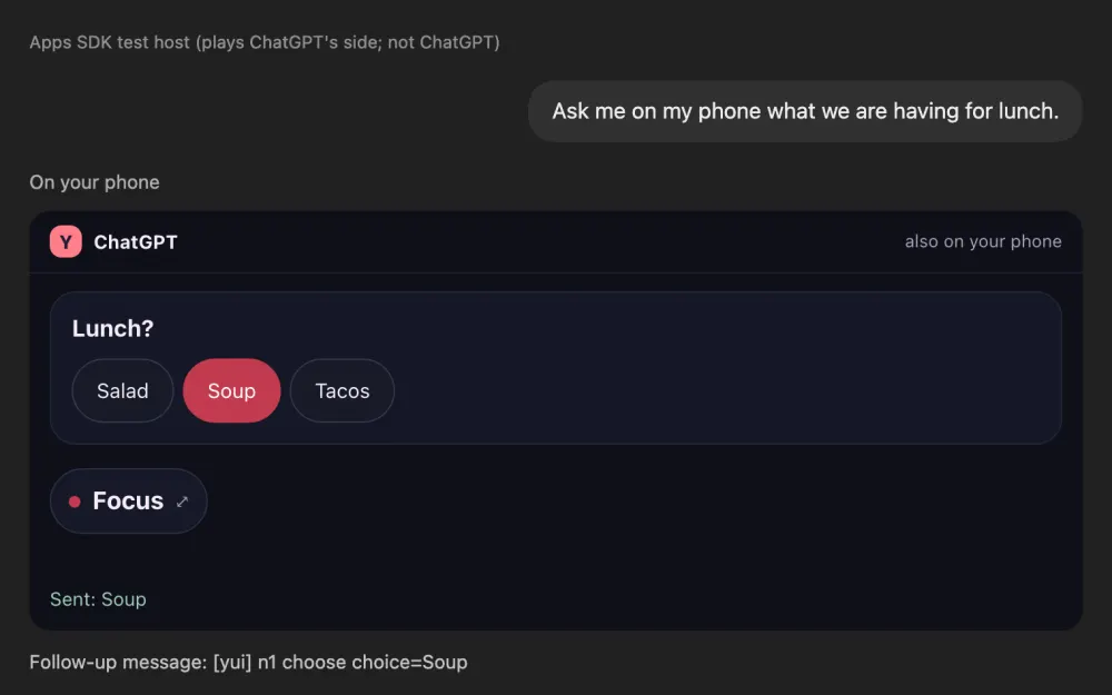 A ChatGPT-style chat in dark mode: the person asks what is for lunch, and a Yui screen below shows Lunch? with Salad, Soup and Tacos, Soup tapped, a Focus timer pill, and Sent: Soup