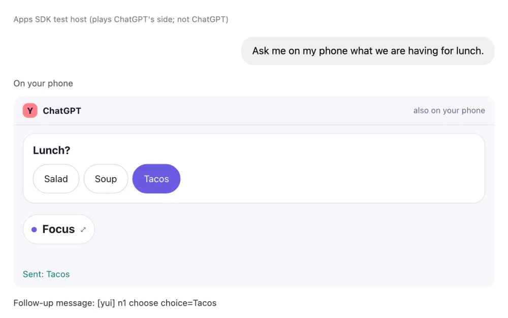 The same chat in light mode with Tacos tapped and Sent: Tacos under the Yui screen
