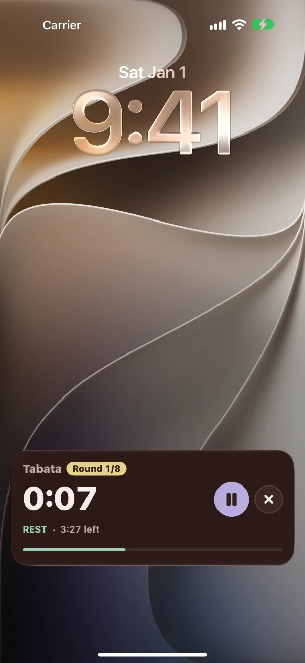 The lock screen with the Tabata timer still counting, Round 1 of 8