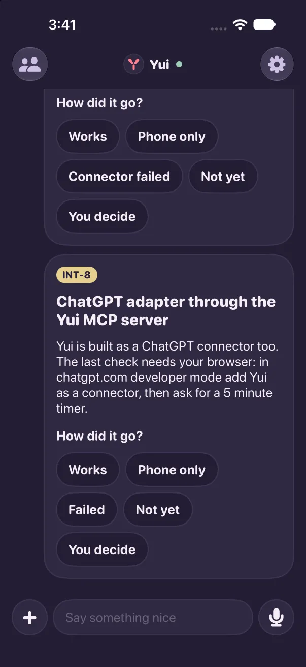 The war room's INT-8 ask in dark mode, one card: the INT-8 tag, ChatGPT adapter through the Yui MCP server, the browser step, How did it go? with Works, Phone only, Failed, Not yet, You decide