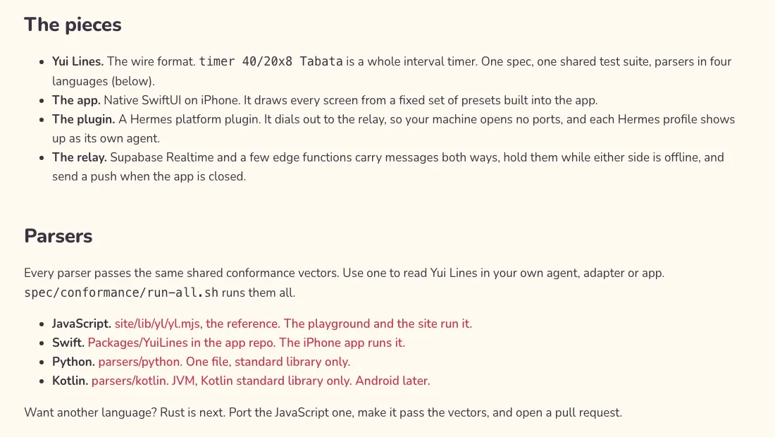 The Developers page on yuigui.com: a new Parsers section lists four Yui Lines parsers, JavaScript, Swift, Python and Kotlin, each linked to its source, with a note that spec/conformance/run-all.sh runs them all and that Rust is next