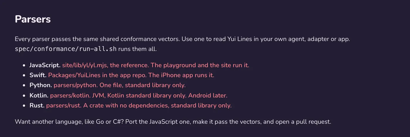 The same Parsers section in dark mode, five parsers listed with Rust last