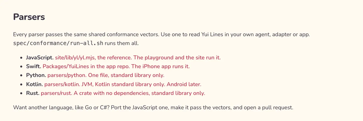 The Parsers section of the Developers page on yuigui.com, light: JavaScript, Swift, Python, Kotlin and now Rust, 'parsers/rust. A crate with no dependencies, standard library only.'