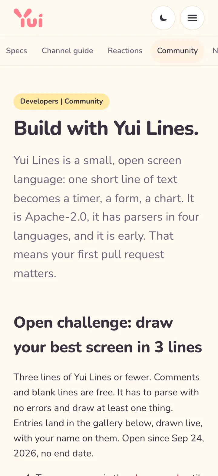 The community page on a phone in light mode: the heading Build with Yui Lines, and the open challenge, draw your best screen in 3 lines.