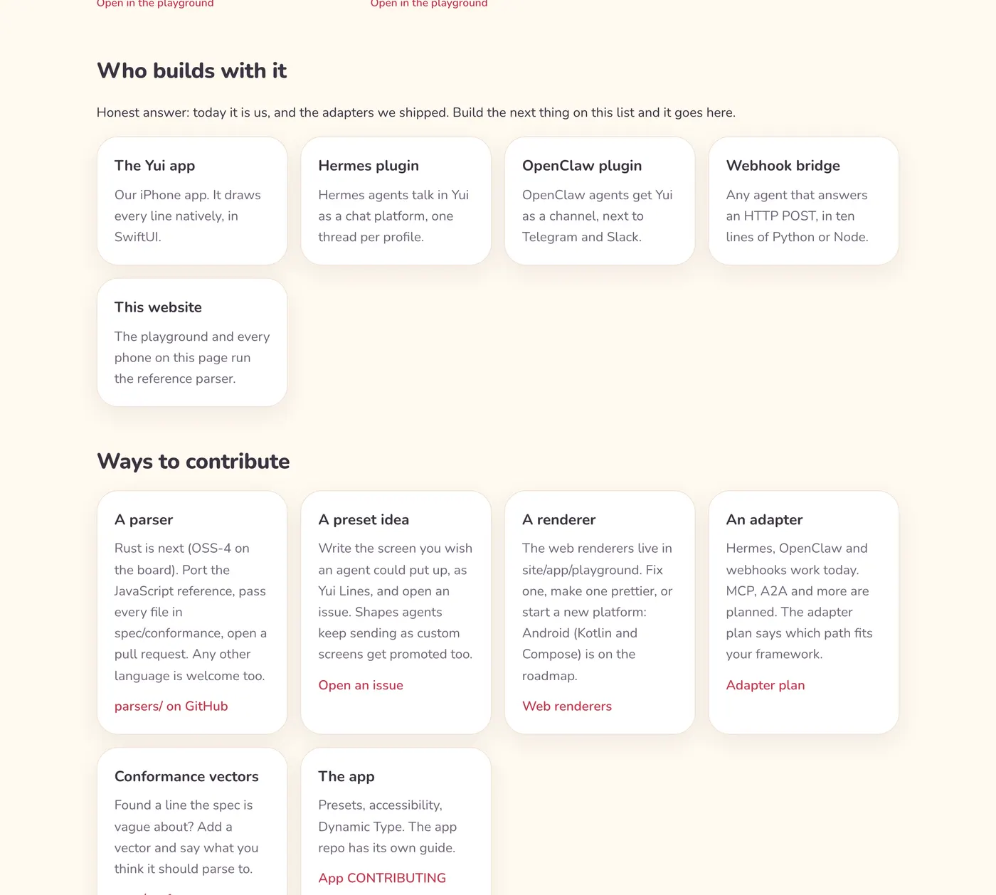 Two card grids: who builds with Yui Lines (the app, the Hermes plugin, the OpenClaw plugin, the webhook bridge, this website) and six ways to contribute, each with a link.