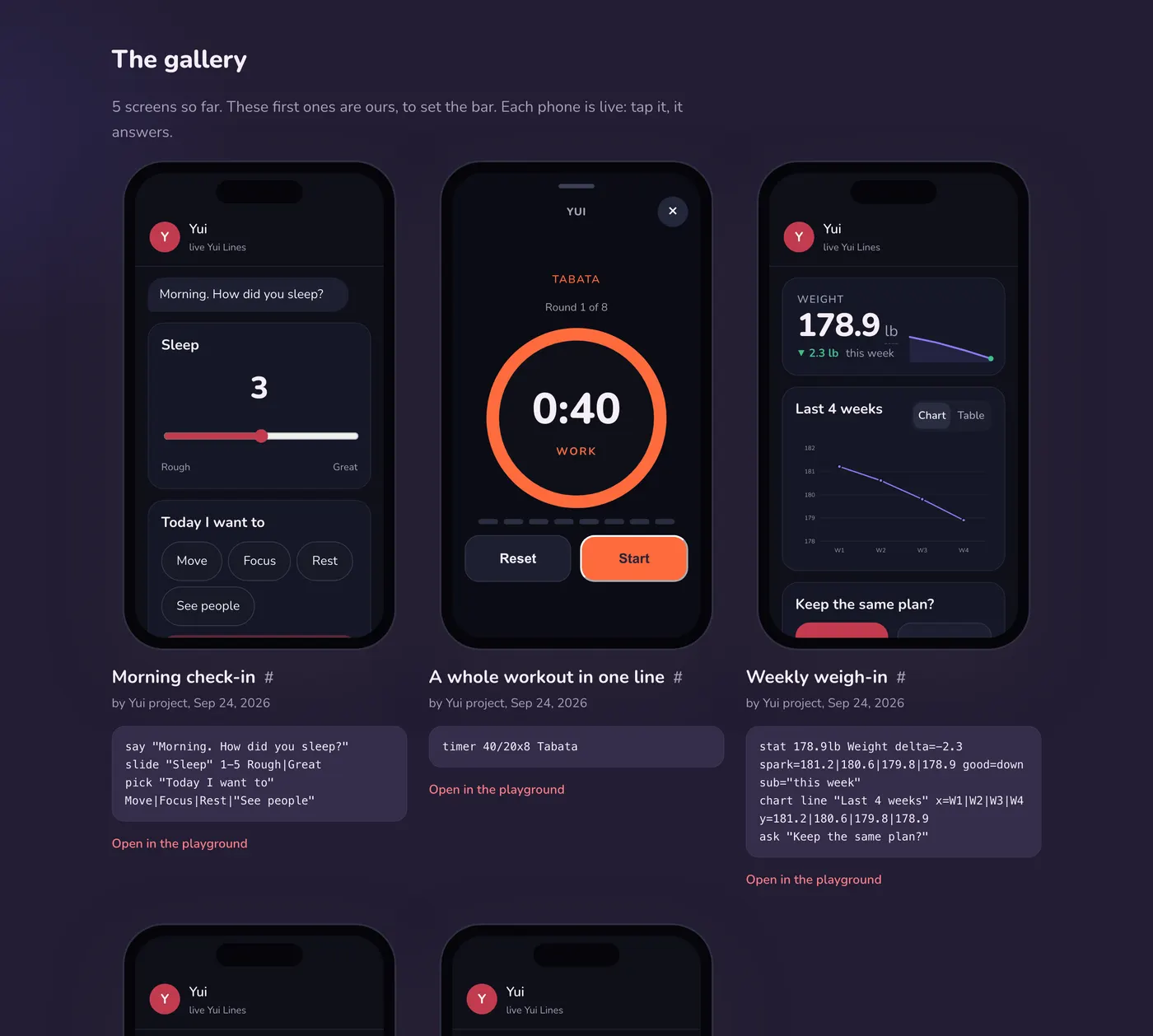 The gallery on the community page in dark mode: three live phones showing a morning check-in with a sleep slider, a Tabata timer, and a weekly weigh-in with a stat and a line chart, each with its Yui Lines below and an Open in the playground link.