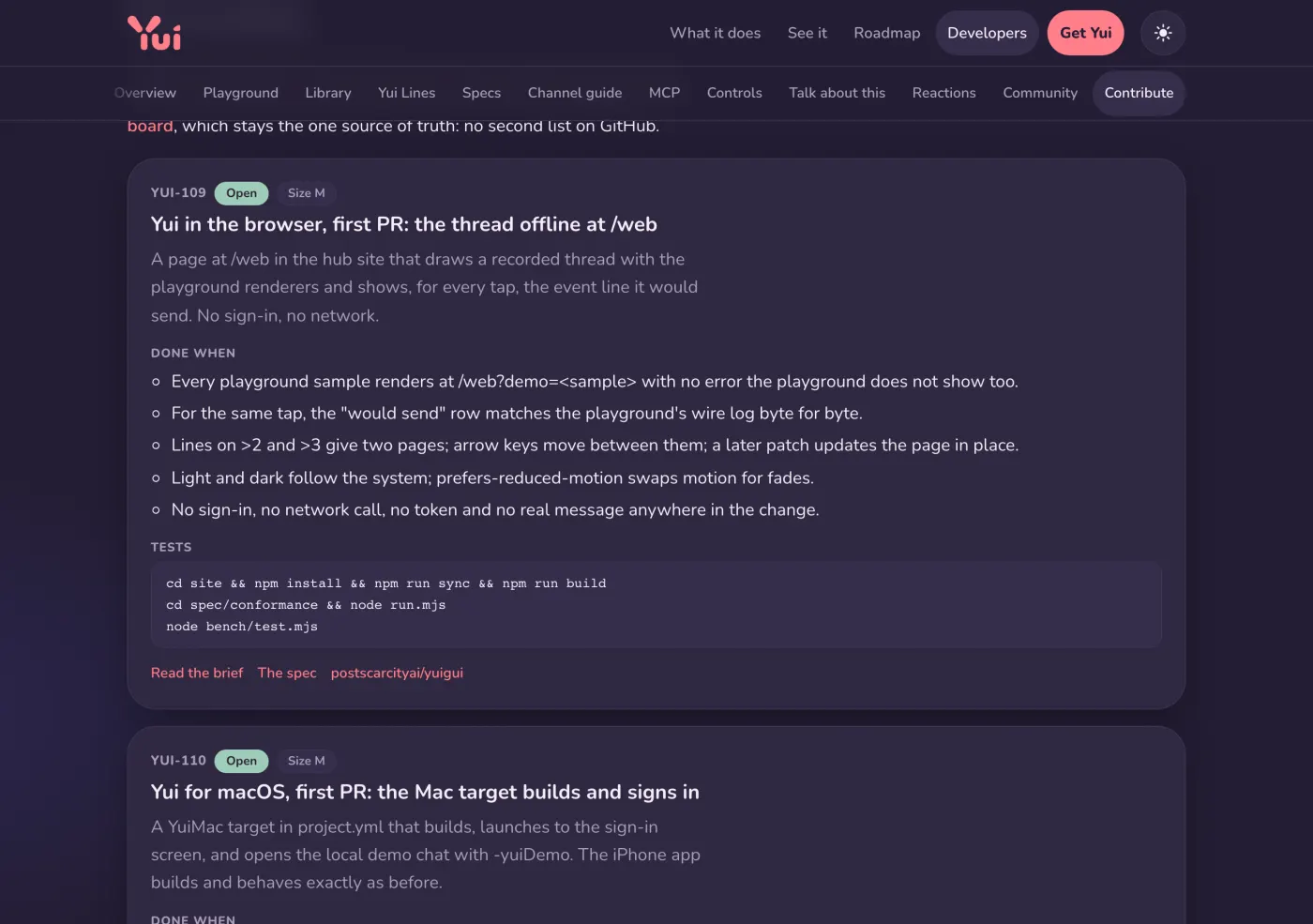 The contribute page on a desktop, dark: two agent-ready cards with their goals, acceptance lines and test commands