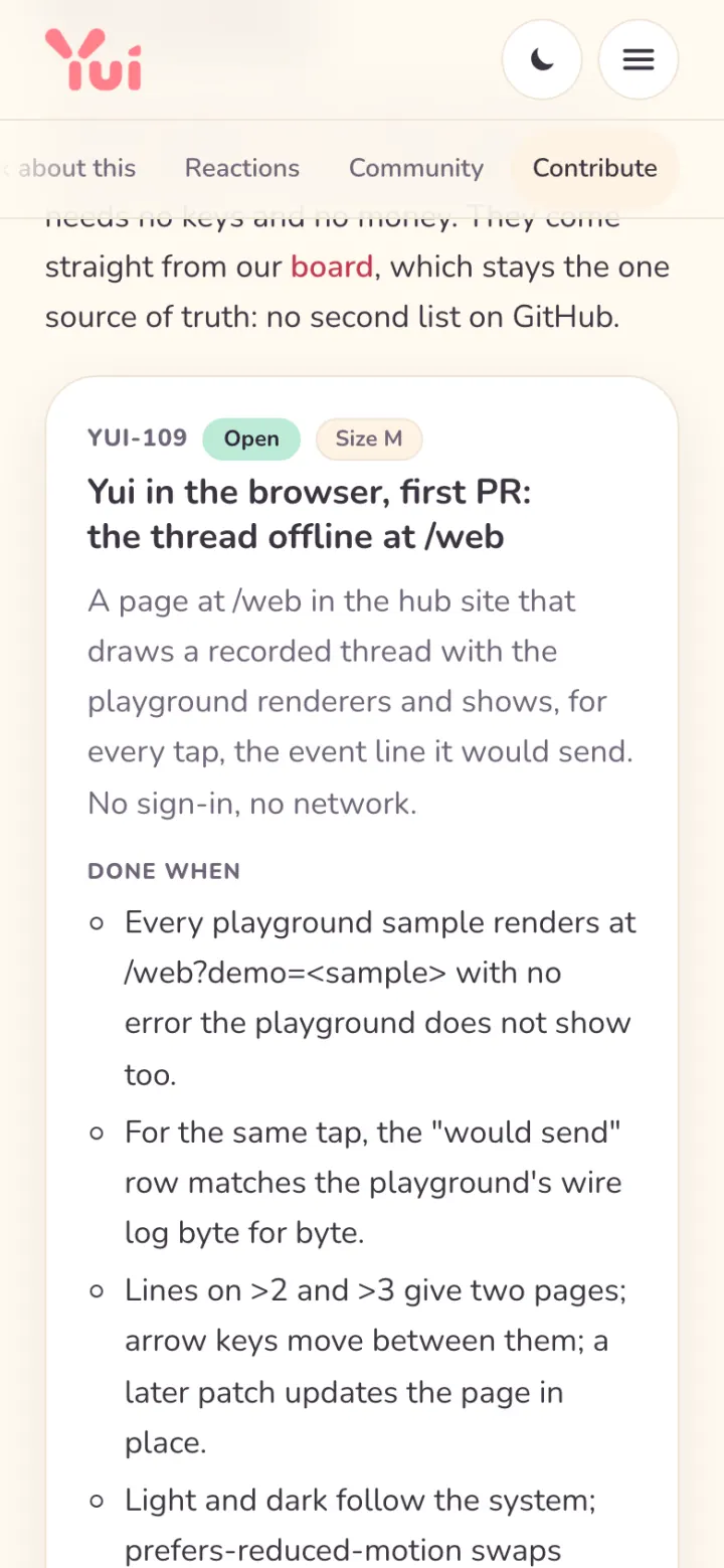 The contribute page on a phone, light: the first agent-ready card, Yui in the browser, marked Open, size M, with its done-when list and tests