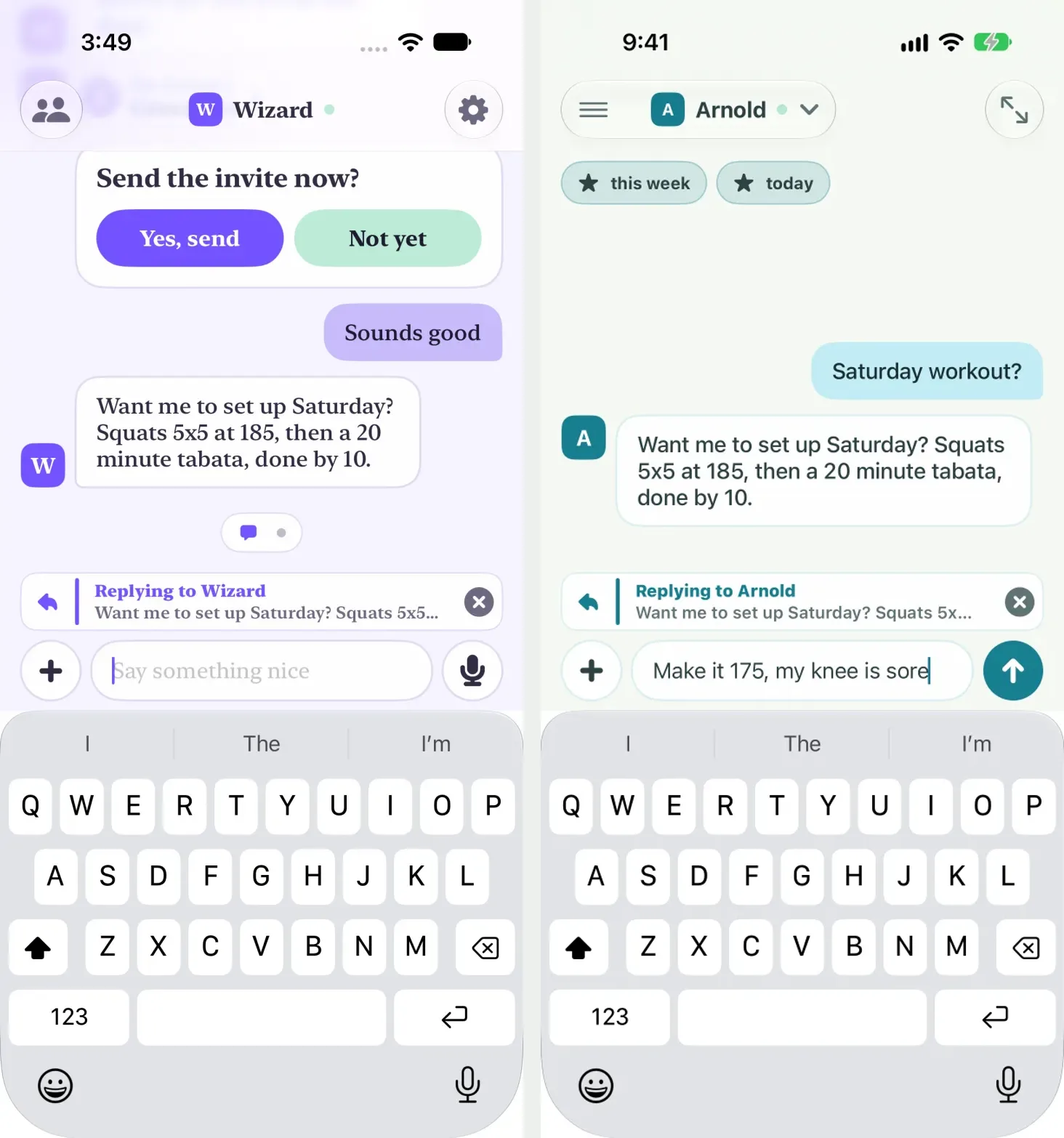 Before and after: the old chat with Say something nice under the quote, and the same reply in 0.5.2 with the new top bar