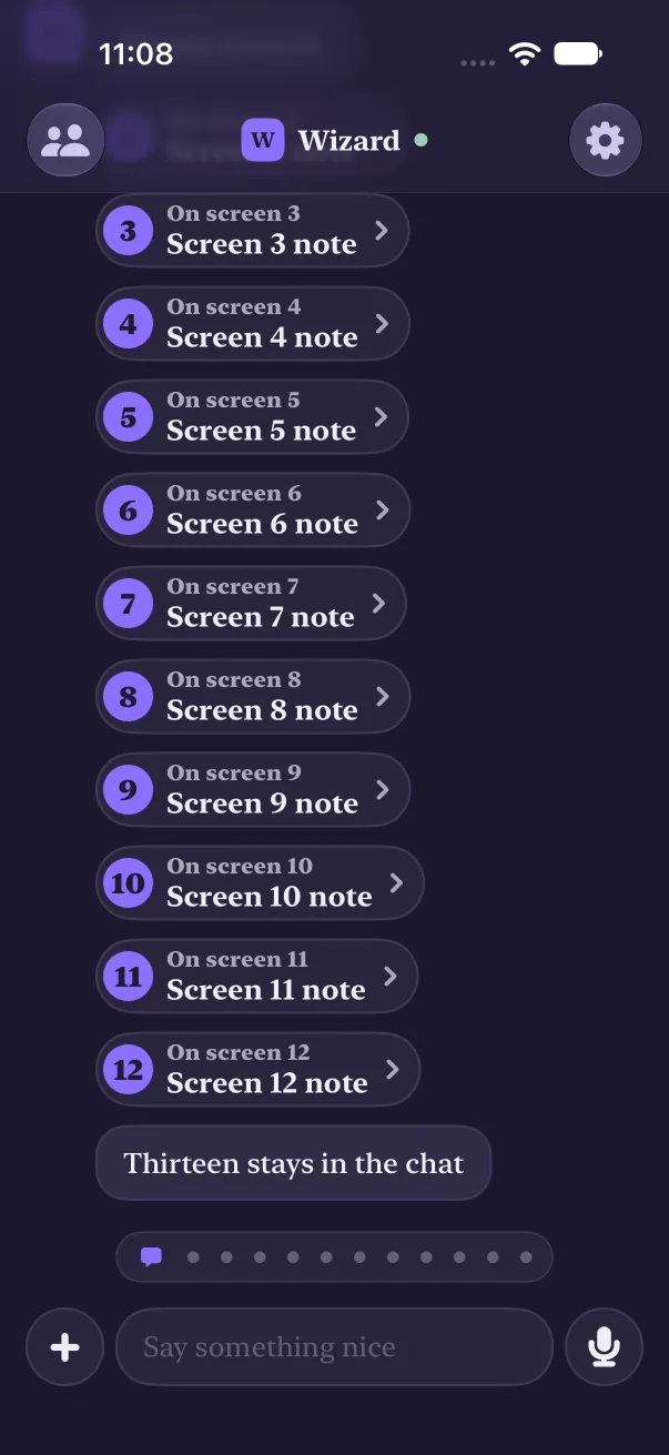 Twelve pages, the most, with screen 13 left in the chat