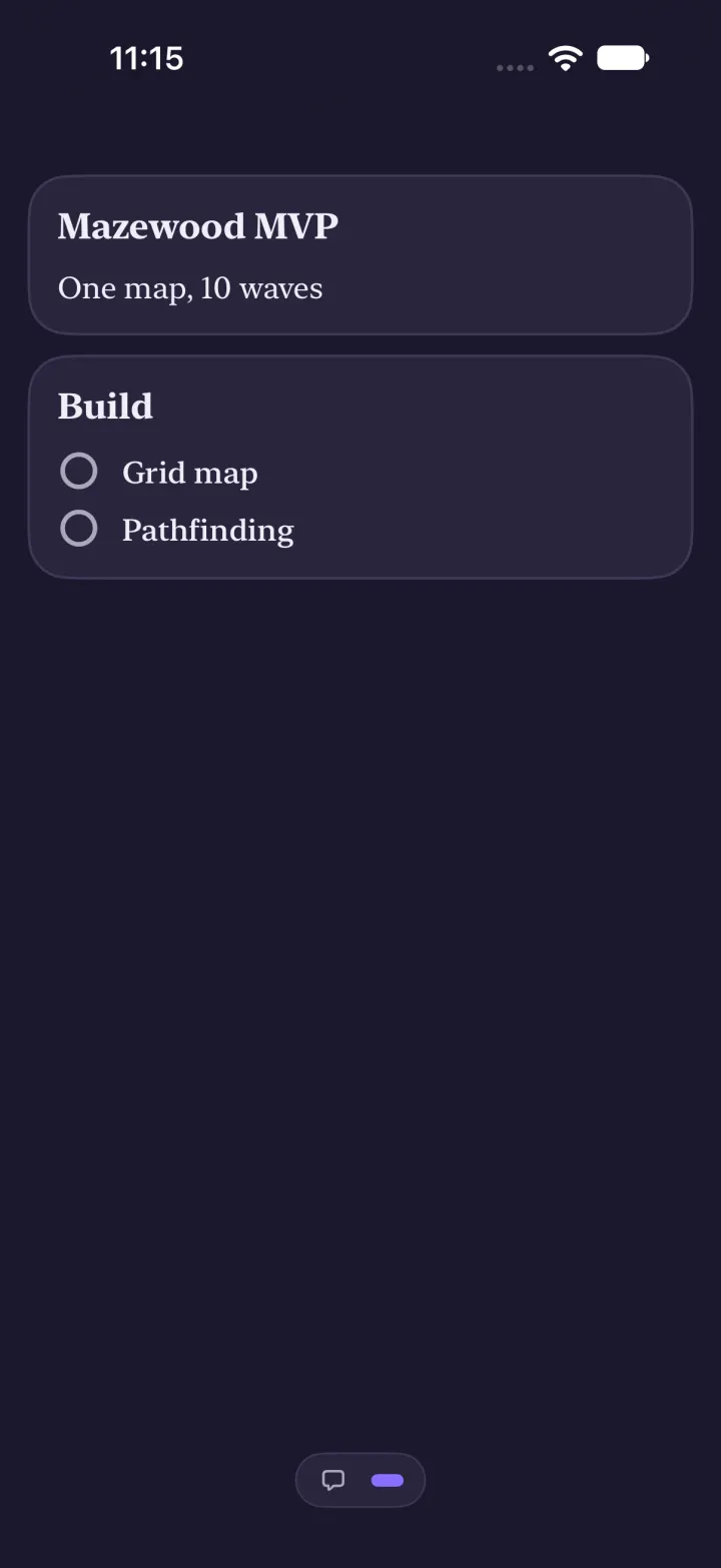 Screen 2 full screen: a plan with no top bar or composer, just the dots