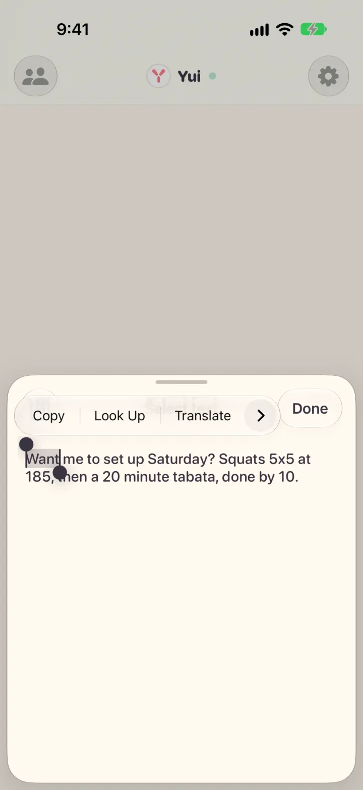 The message open on its own page in light mode, with one word selected and the Copy menu showing
