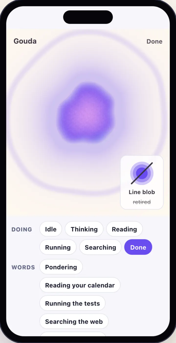 Light mode: a lavender blob with one bright ring spreading, marked Done.