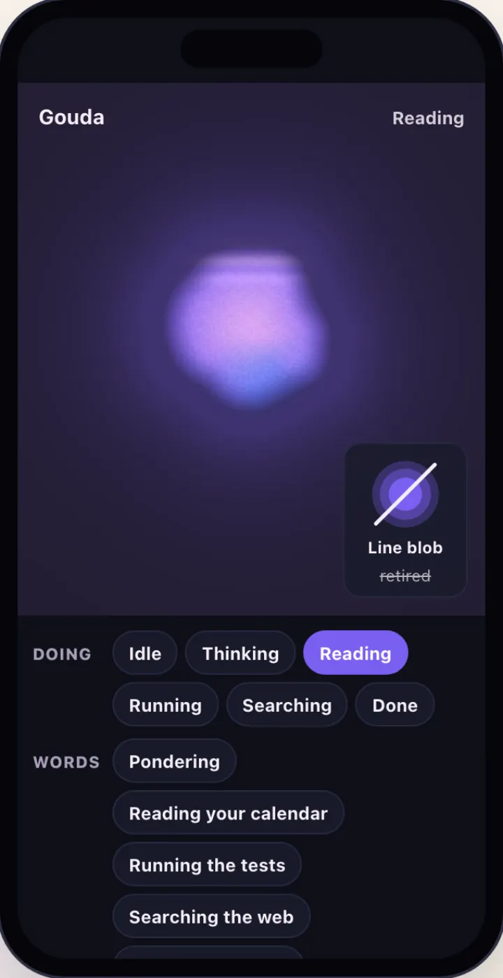 Dark mode: a lavender blob with a band of light sweeping down it, action chips Idle to Done and Reading picked.