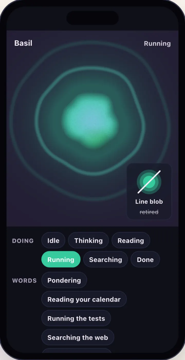 Dark mode: a mint blob with rings leaving it, and today's line blob struck out in the corner marked retired.
