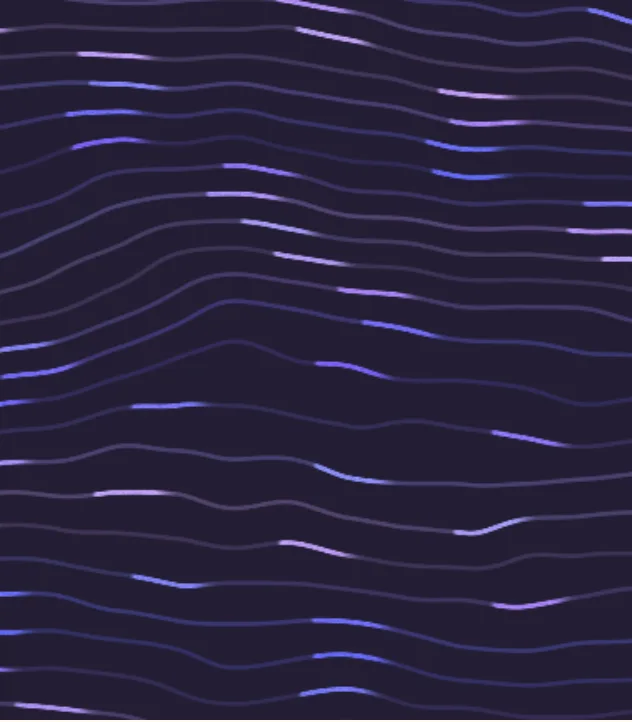 Dark mode: thin lavender lines running across the stage like wind, with bright short packets racing along them. The running state of Currents.
