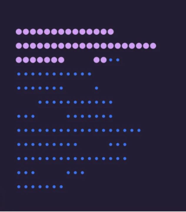 Dark mode: rows of dots laid out like a page of text; the first rows are large pink dots, the rest small blue ones. The reading state of Dots.