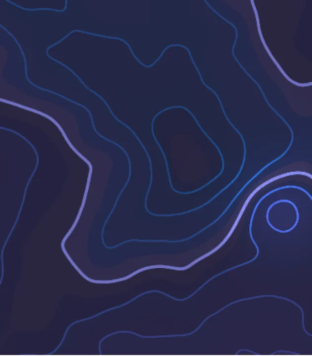 Dark mode: a navy topographic map with contour lines, and a small peak with tight rings on the right where the search is looking. The searching state of Terrain.