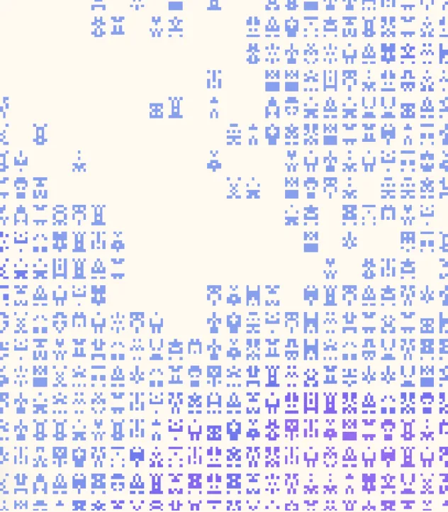 Light mode: a cream stage with a cloud of tiny blue made-up letters, denser toward the bottom left. The thinking state of Type.