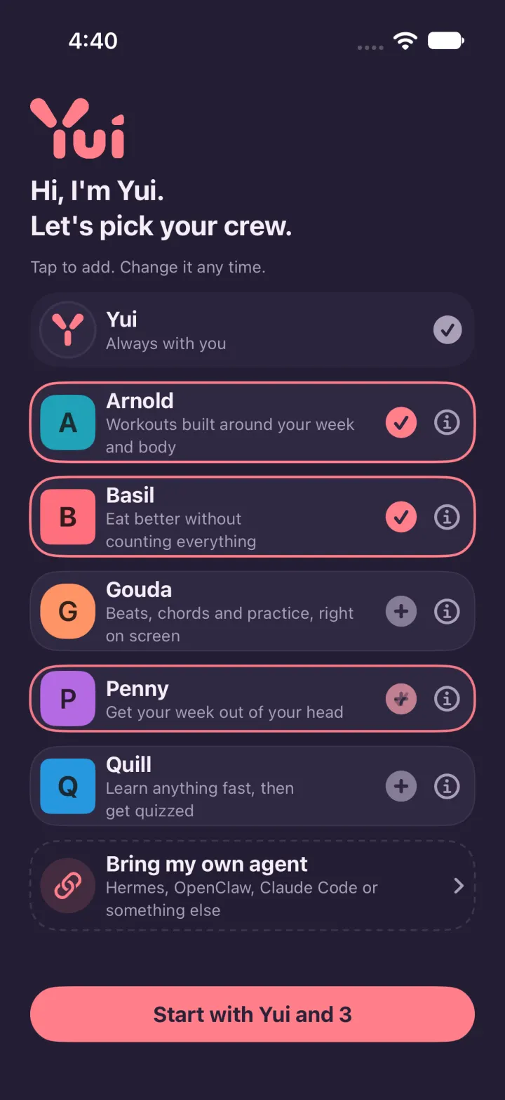 The crew picker: Yui, plus Arnold, Basil and Penny to add, and a Start button