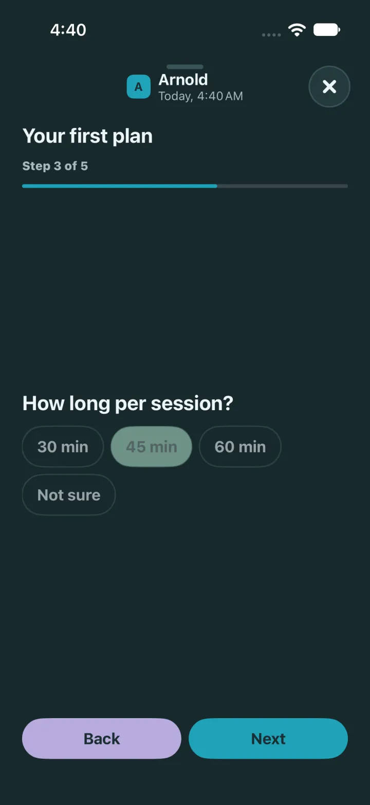 Your first plan, step 3 of 5: how long per session, with 45 min chosen