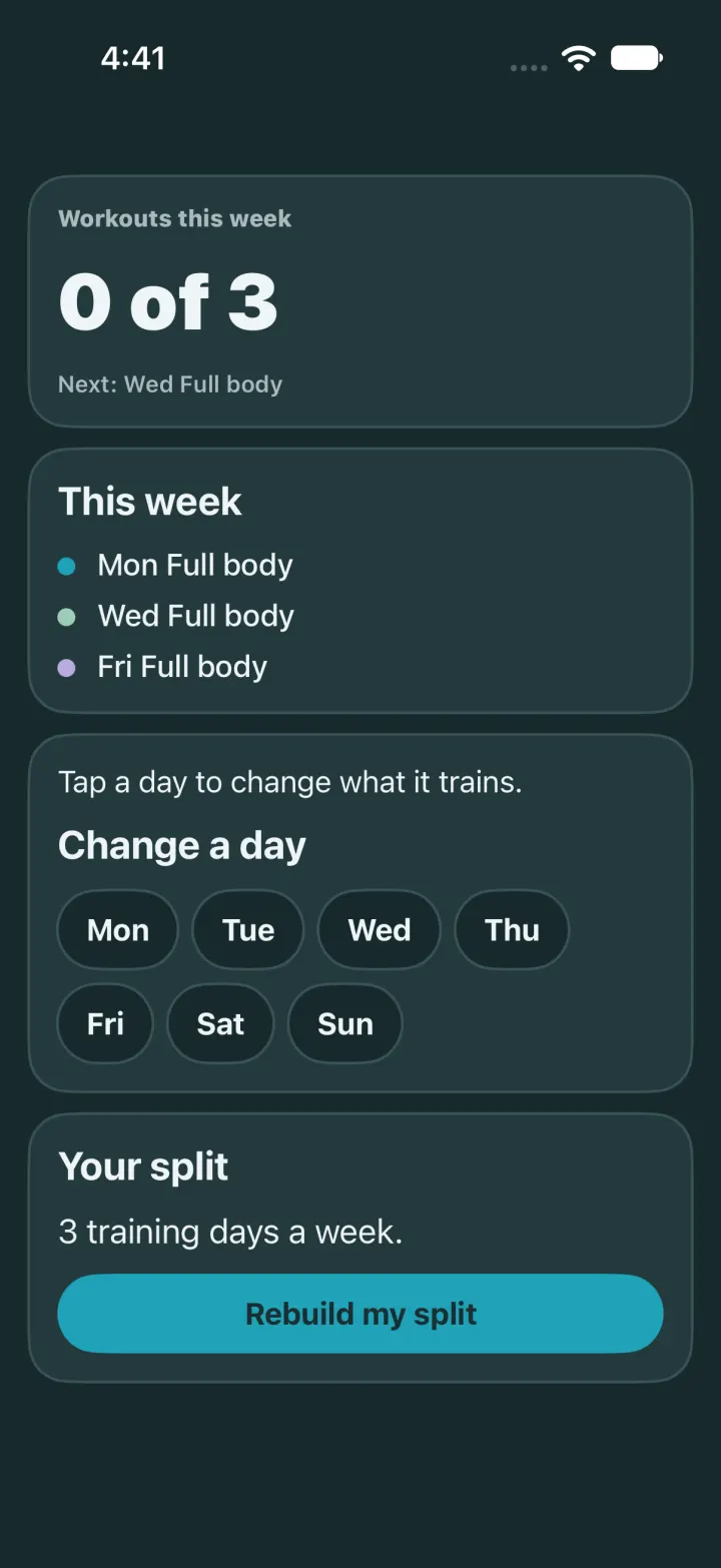 This week: 0 of 3 workouts, Mon Wed Fri Full body, and a Rebuild my split button