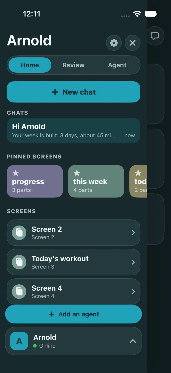 Dark mode: the drawer with an Add an agent button.