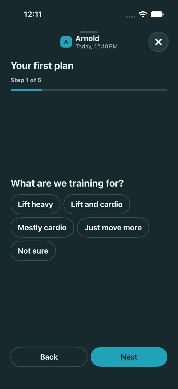 Dark mode: Your first plan, step 1 of 5, asking what you are training for