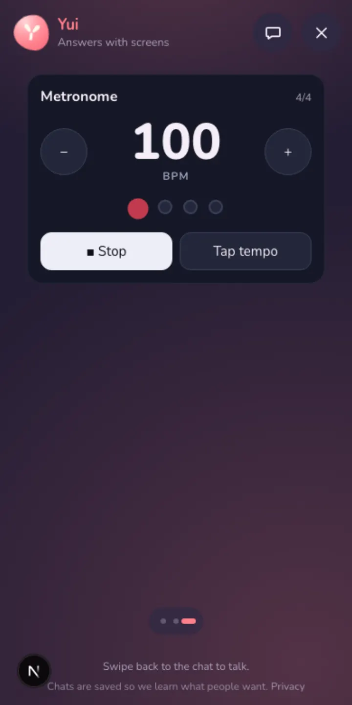 The site chat on its third screen: a metronome running while a loop still plays on the screen before it.