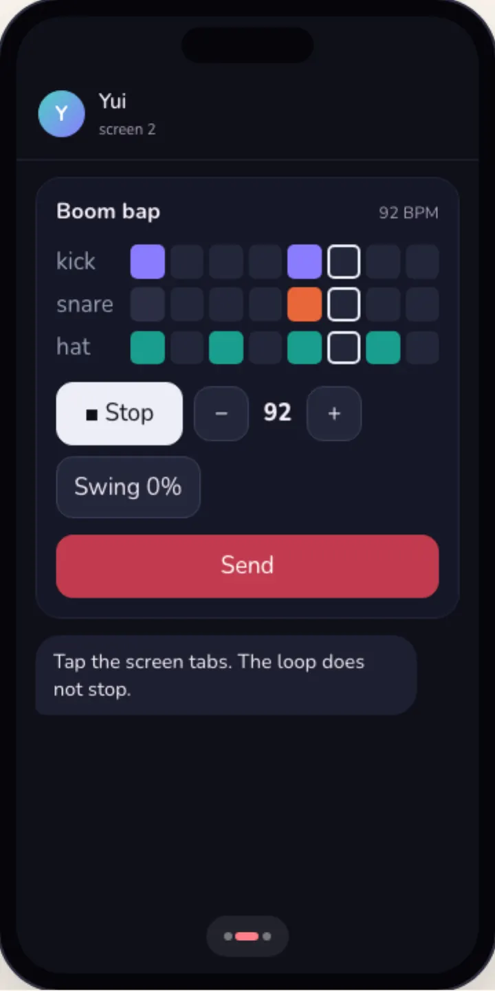 A loop playing on screen 2, its playhead moving, with the screen tabs above it.