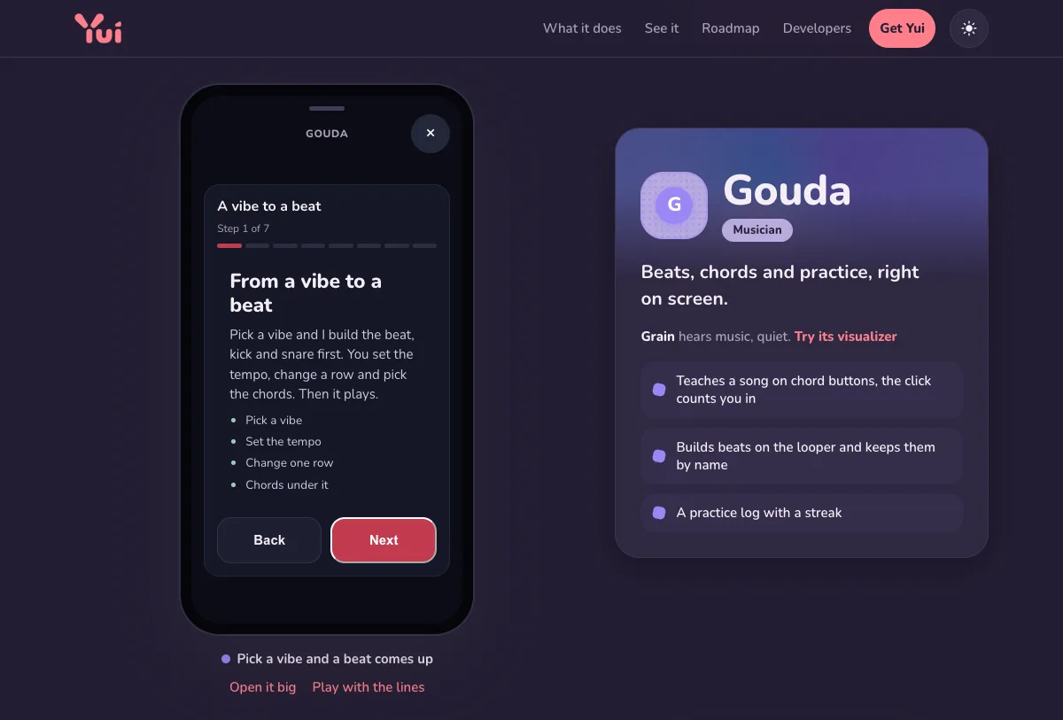 Dark mode: the musician's card with a soft grain gradient in its top band.