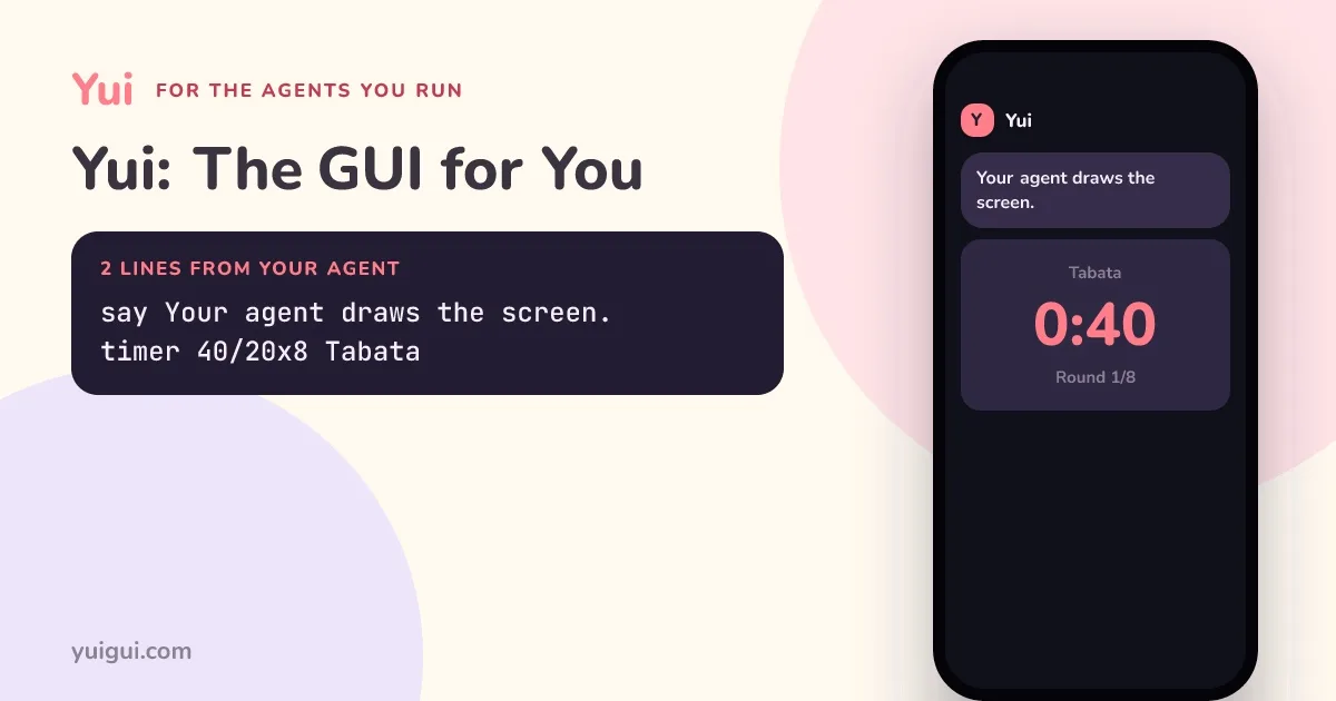 The share card: Yui: The GUI for You, with a phone showing a timer