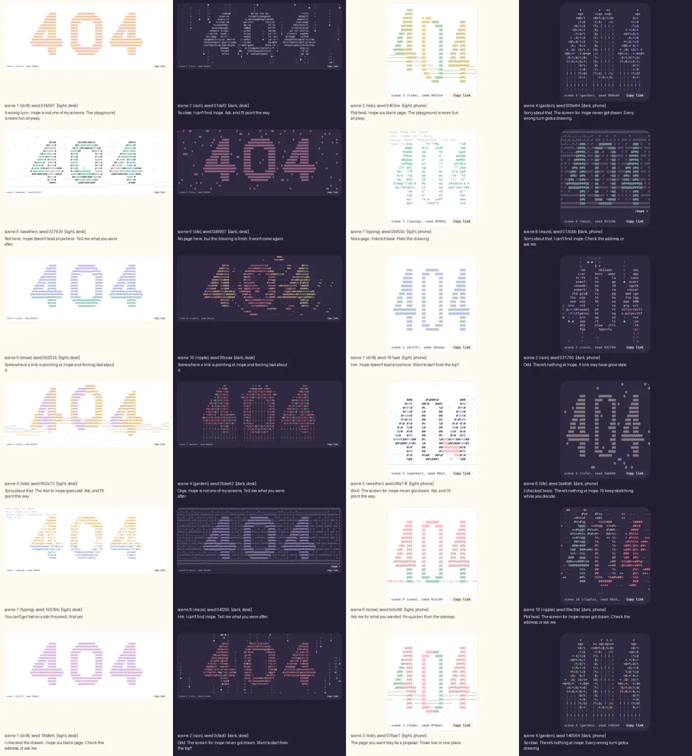 A grid of 24 different 404 pages, each a different ASCII scene in different colors, light and dark, desktop and phone