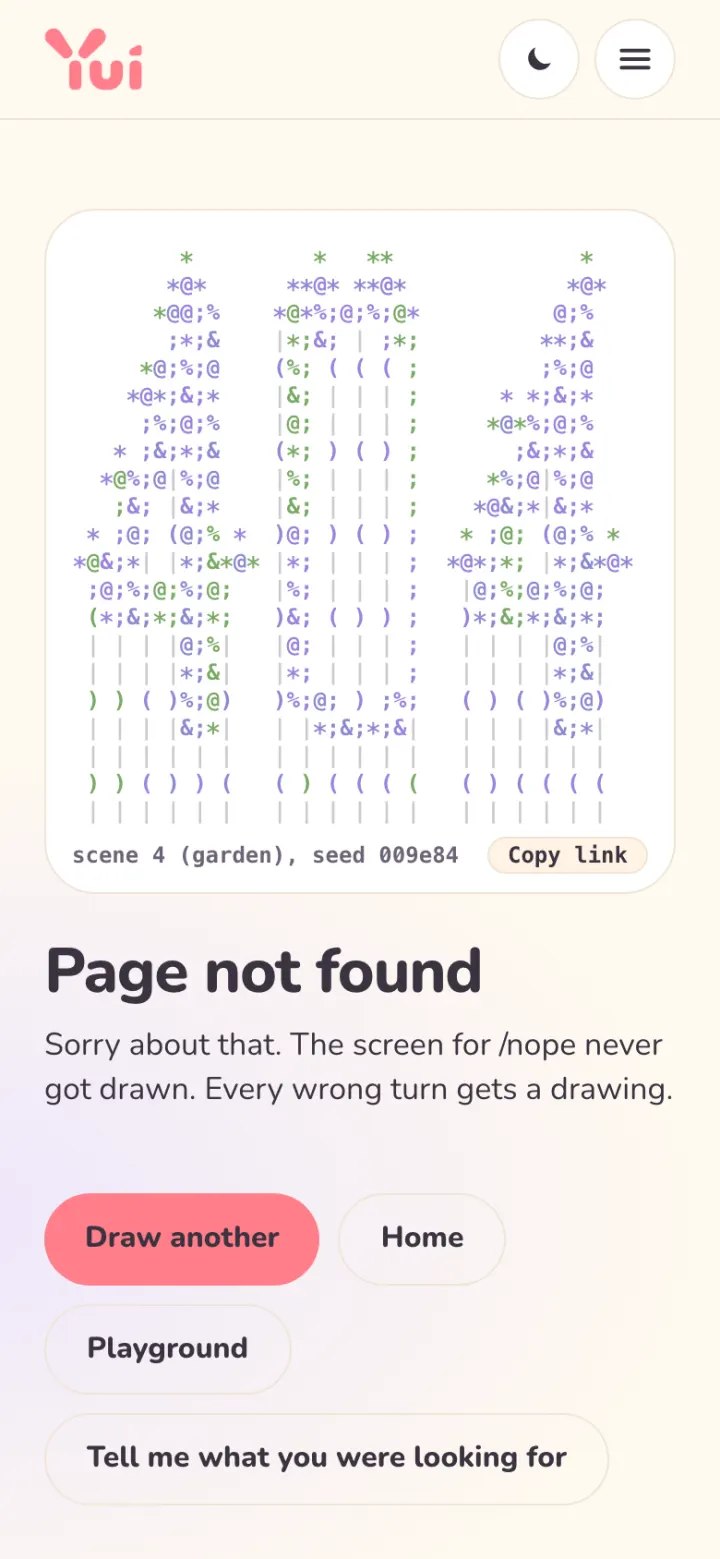 Phone, light: 404 grown from ASCII stems, blooming in coral