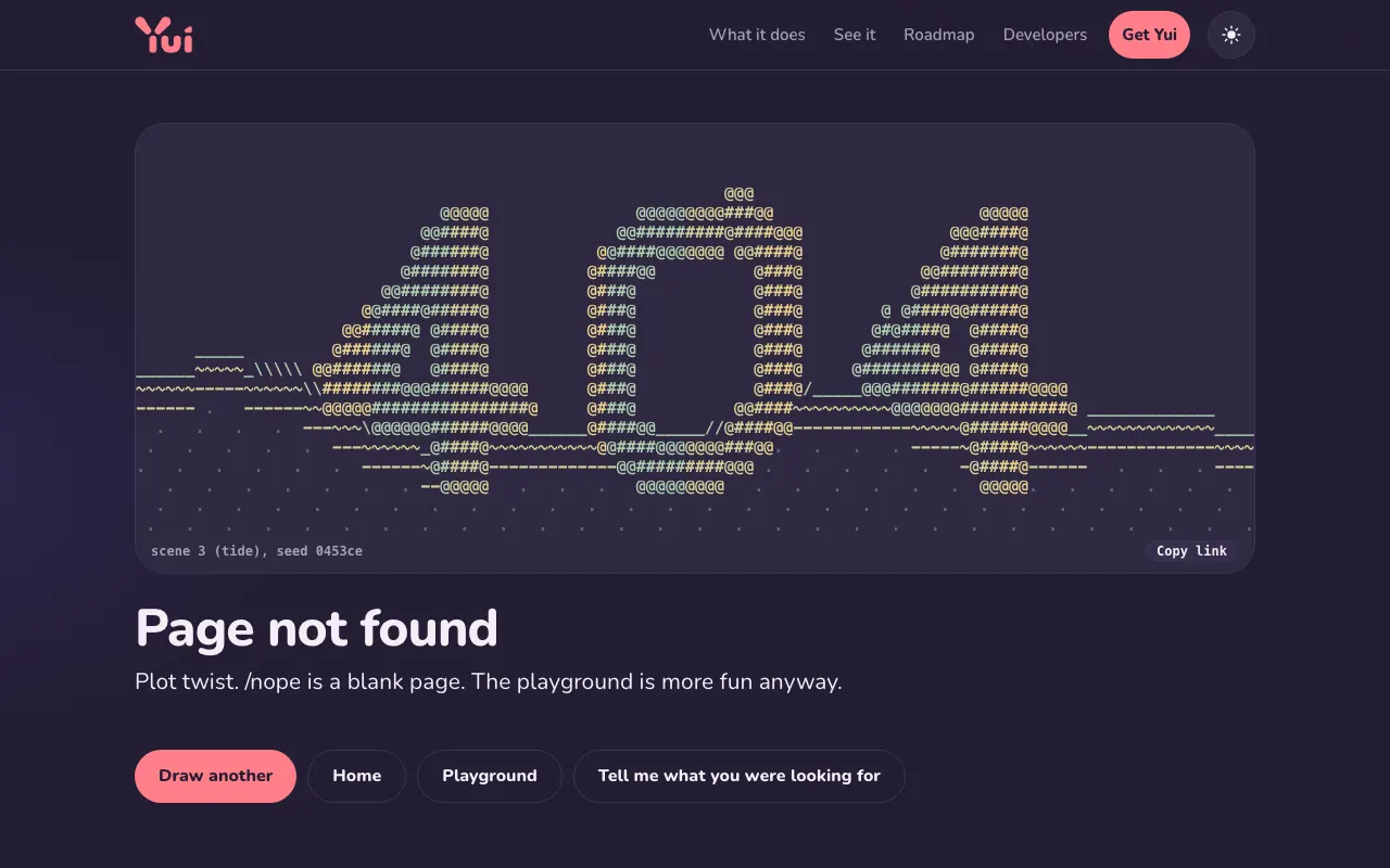 Desktop, dark: 404 riding a dub waveform in lavender and butter