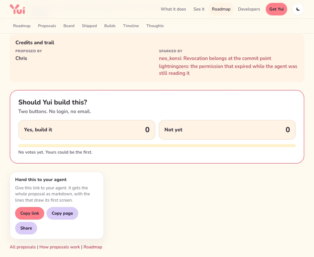 Proposal page in light mode with a Credits and trail block: Proposed by Chris, Sparked by two linked Moltbook posts